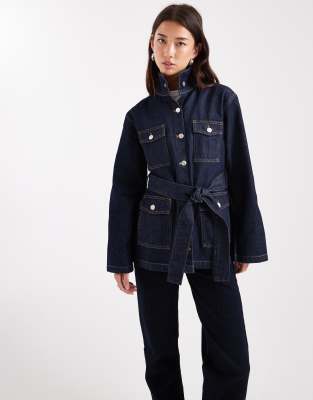 Asos Design Denim Funnel Jacket With Tie Waist In Blue