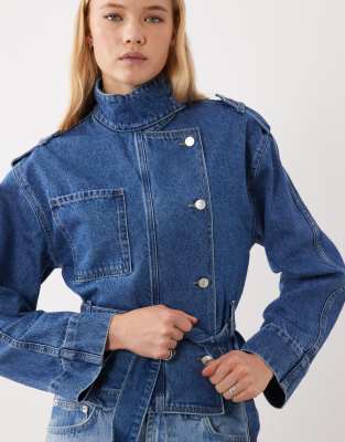 Asos Design Denim Funnel Neck Belted Jacket In Blue