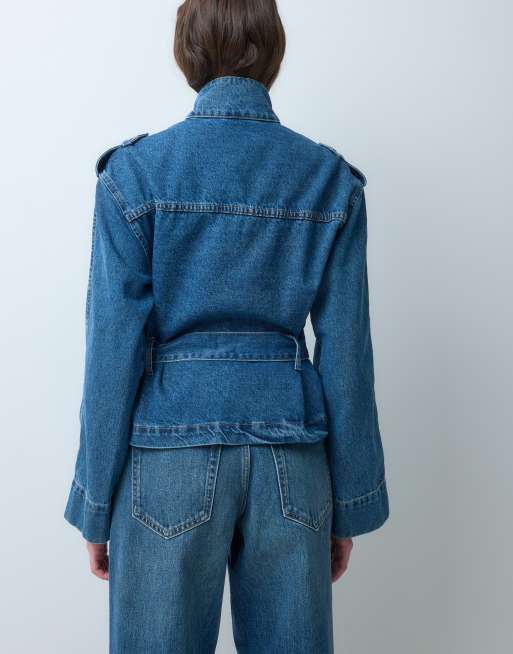 ASOS DESIGN denim funnel neck belted jacket in dark mid blue, 3 of 5