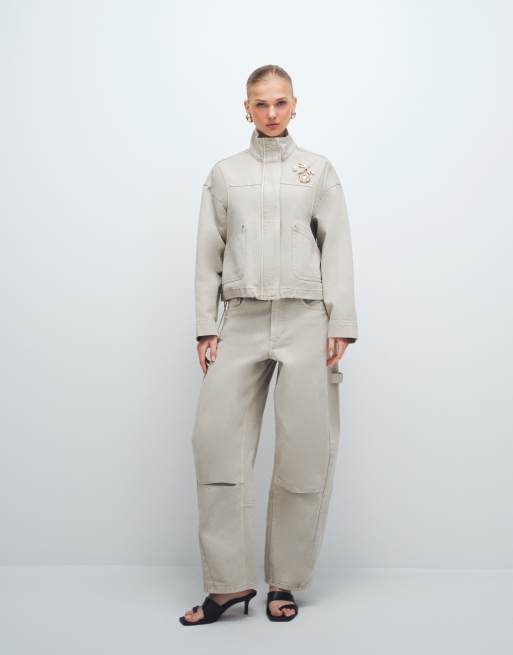 ASOS DESIGN denim funnel neck jacket co-ord in neutral, 4 of 10