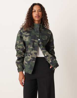 Asos Design Denim Funnel Neck Jacket In Green