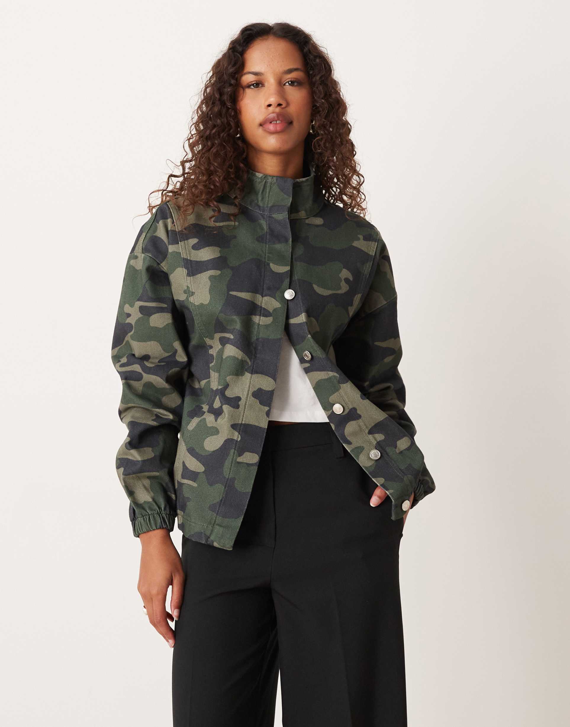 asos design denim funnel neck jacket in camo print