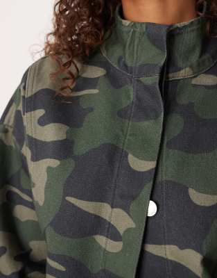 Asos Design Denim Funnel Neck Jacket In Green