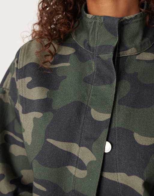 ASOS DESIGN denim funnel neck jacket in camo print