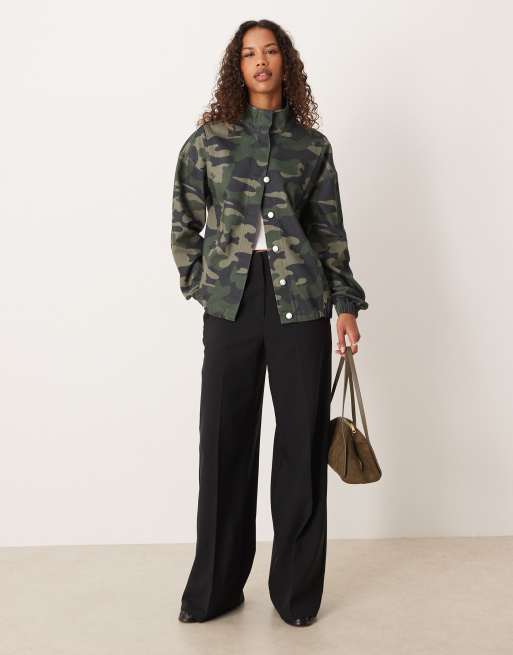 ASOS DESIGN denim funnel neck jacket in camo print