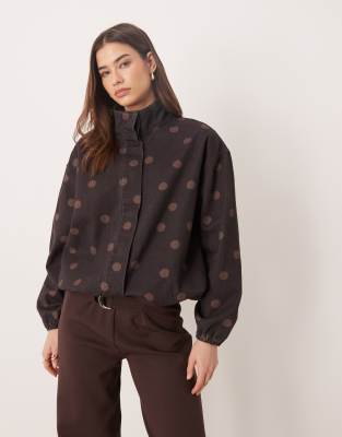 Asos Design Denim Funnel Neck Jacket In Brown