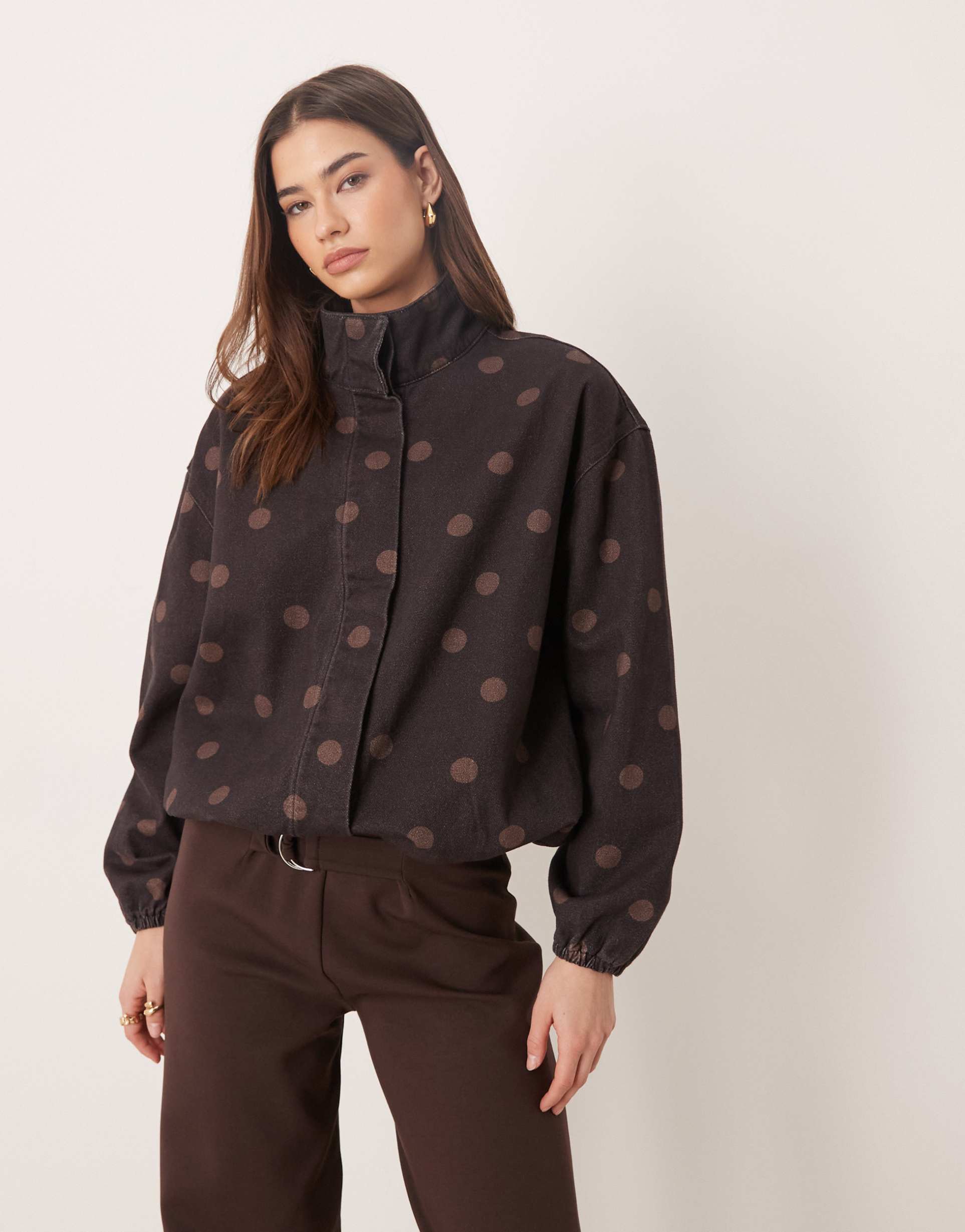 asos design denim funnel neck jacket in chocolate polka dot