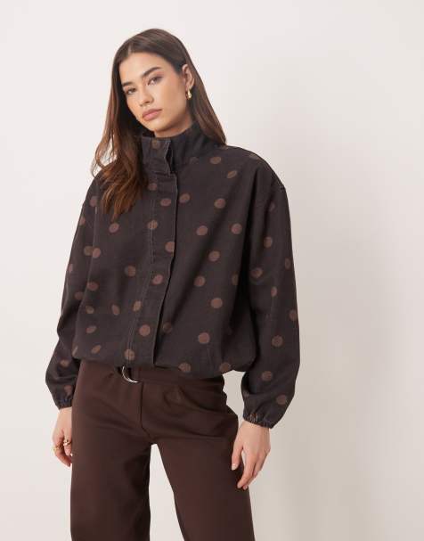 ASOS DESIGN denim funnel neck jacket in chocolate polka dot