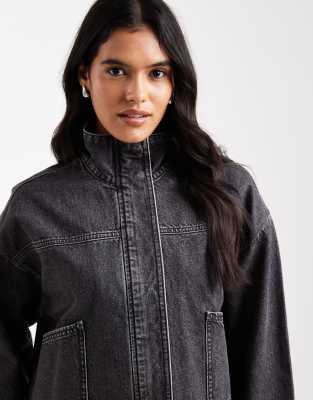 Asos Design Denim Funnel Neck Jacket In Gray