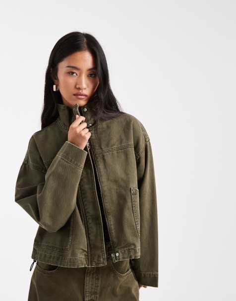 ASOS DESIGN denim funnel neck jacket in khaki co-ord - view 1