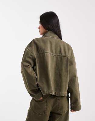 Asos Design Denim Funnel Neck Jacket In Green