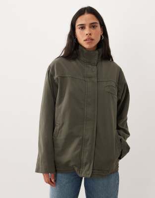 Asos Design Denim Funnel Neck Jacket In Green