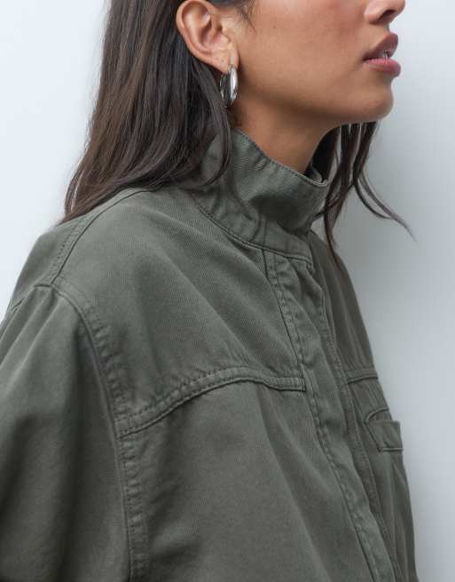 ASOS DESIGN denim funnel neck jacket in khaki, 3 of 4