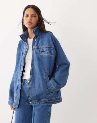 Asos Design Denim Funnel Neck Jacket In Blue