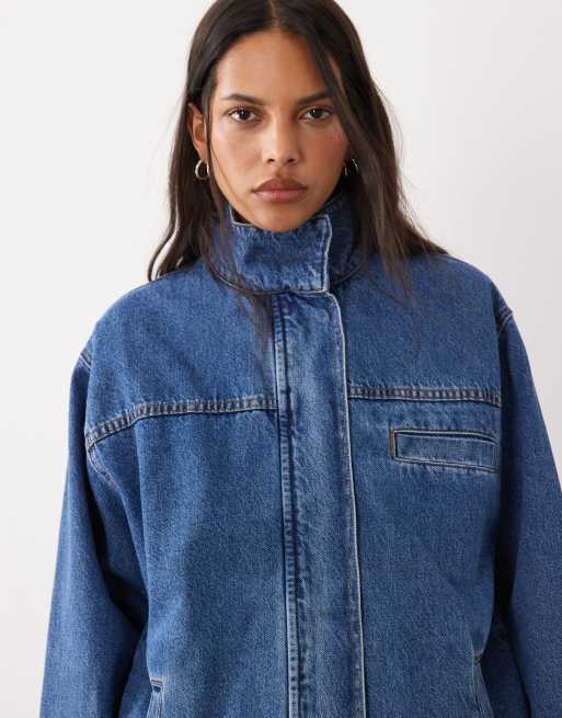 ASOS DESIGN denim funnel neck jacket in mid blue, 3 of 4