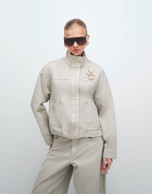 Asos Design Denim Funnel Neck Jacket In White