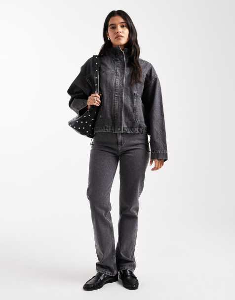 ASOS DESIGN denim funnel neck jacket & utility barrel jean in grey co-ord - view 1