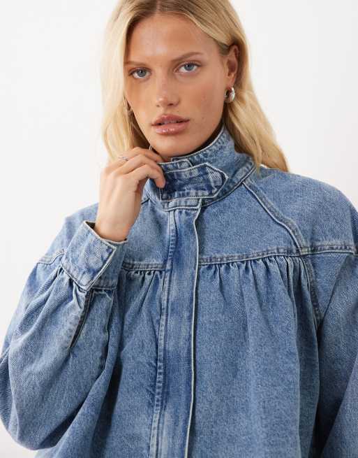 ASOS DESIGN denim funnel neck jacket with bubble hem detail in mid blue, 3 of 4