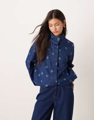 Asos Design Denim Funnel Neck Jacket With Laser Polka Dots-blue