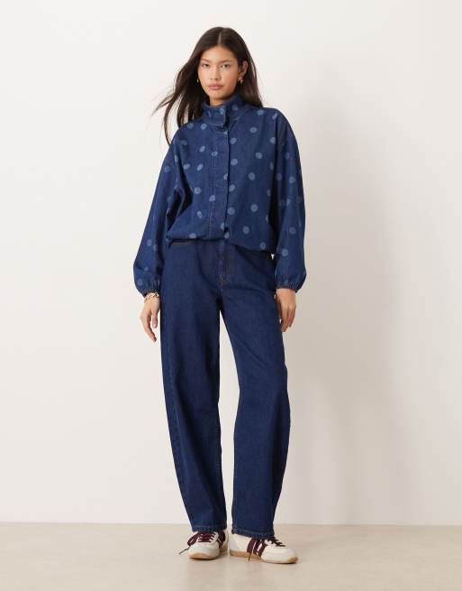 ASOS DESIGN denim funnel neck jacket with laser polka dots