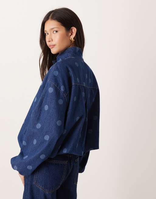 ASOS DESIGN denim funnel neck jacket with laser polka dots