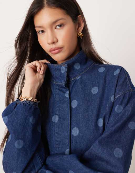 ASOS DESIGN denim funnel neck jacket with laser polka dots