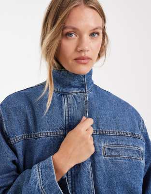 Asos Design Denim Funnel Neck Jacket-blue In Blue