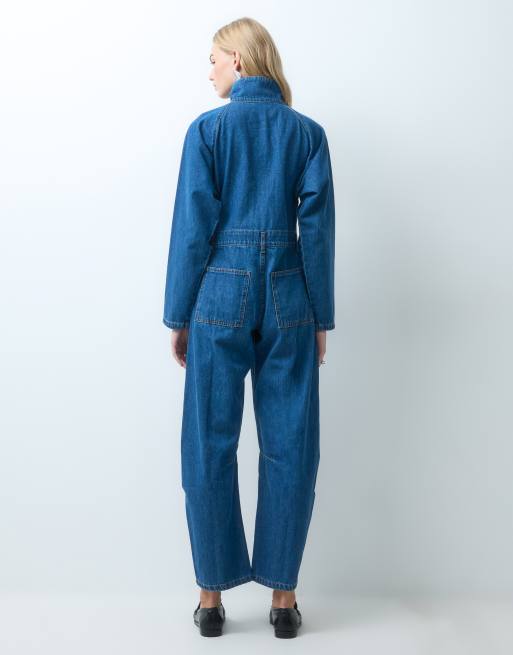 ASOS DESIGN denim funnel neck jumpsuit in dark mid blue, 3 of 4