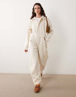 Asos Design Denim Funnel Neck Jumpsuit In White