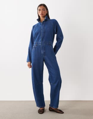 Asos Design Denim Funnel Neck Jumpsuit In Blue