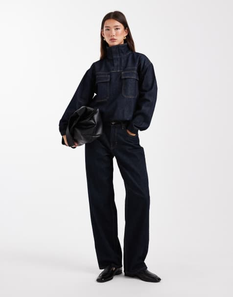 ASOS DESIGN denim funnel neck shirt in indigo - view 1