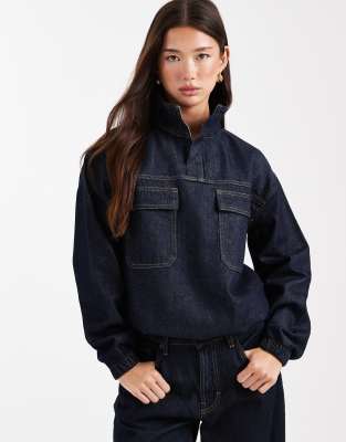 Asos Design Denim Funnel Neck Shirt In Blue
