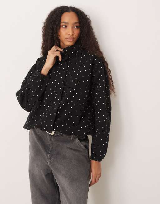 ASOS DESIGN denim funnel neck sports jacket in polka dot