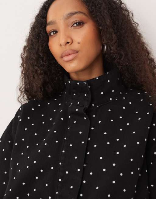 ASOS DESIGN denim funnel neck sports jacket in polka dot