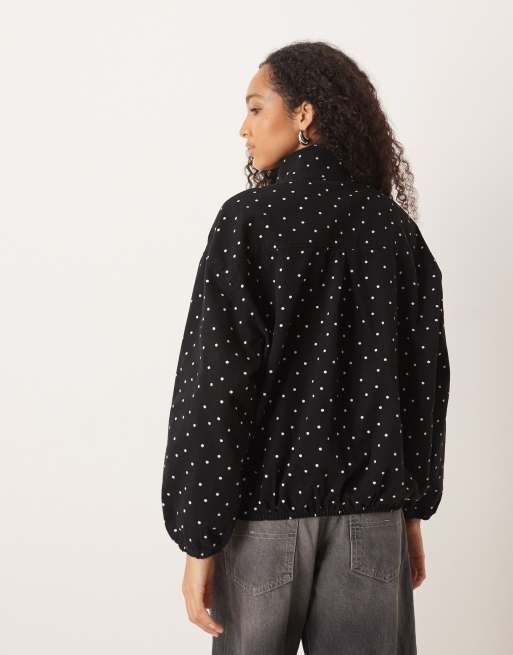ASOS DESIGN denim funnel neck sports jacket in polka dot