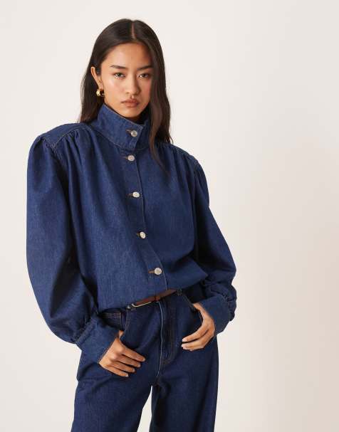 ASOS DESIGN denim gathered shoulder funnel neck jacket in mid blue - view 1