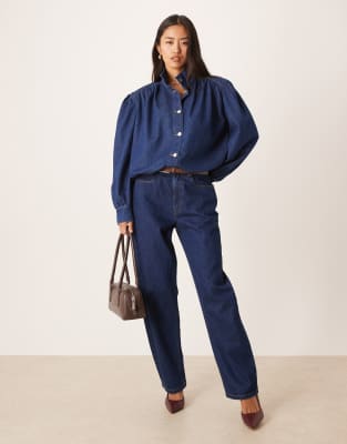 Asos Design Denim Gathered Shoulder Funnel Neck Jacket In Blue