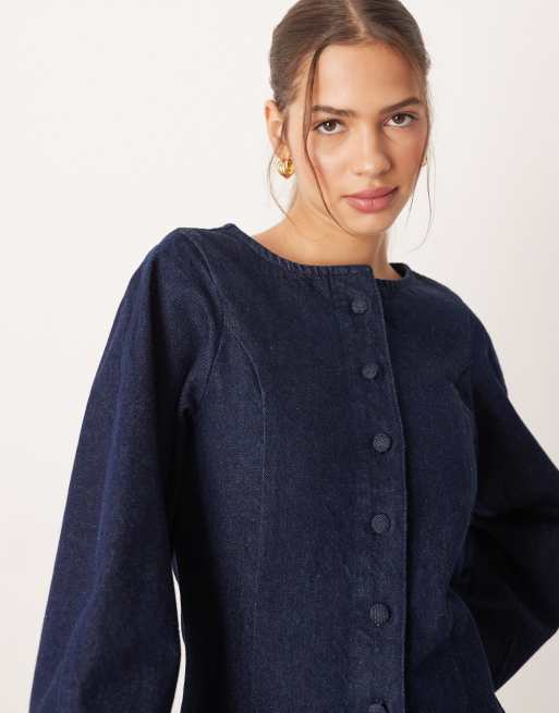 ASOS DESIGN - Denim gilet mini jurk met pofmouwen in spoeling, 3 van 4