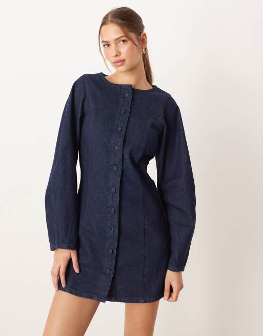 ASOS DESIGN - Denim gilet mini jurk met pofmouwen in spoeling, 4 van 4