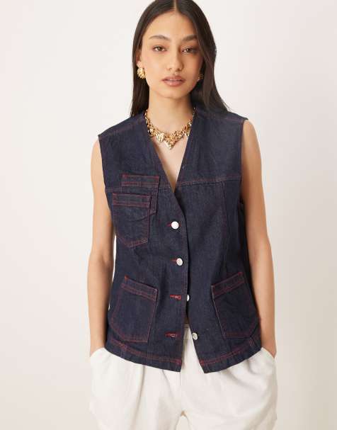 ASOS DESIGN denim gilet with red contrast stitching in rinse wash - view 1