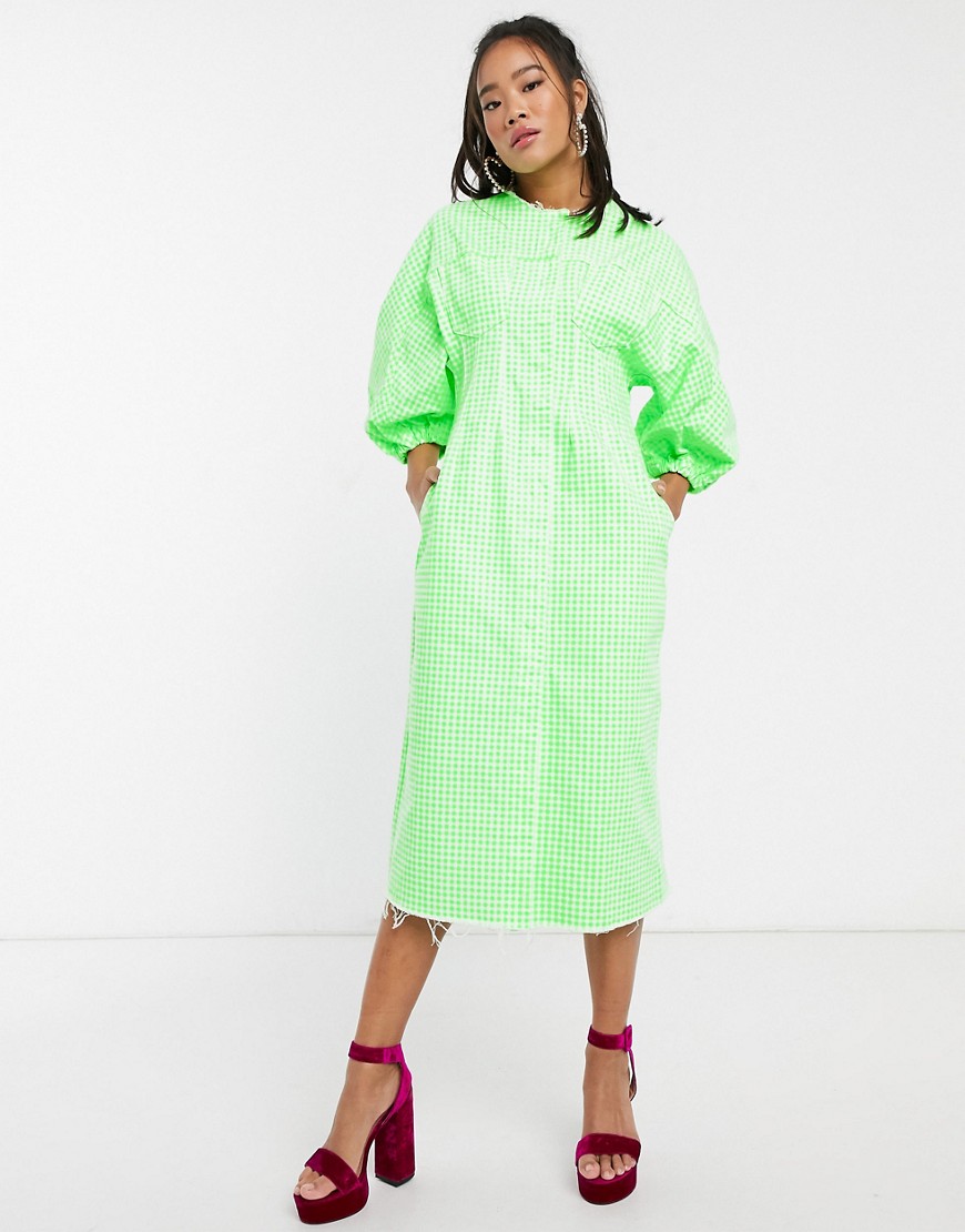 ASOS DESIGN denim gingham midi dress with puff sleeves-Green