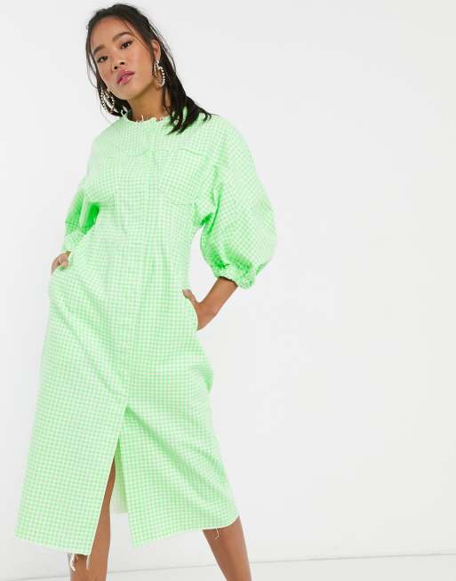 Whistles long sleeve maxi tea dress in neon green gingham