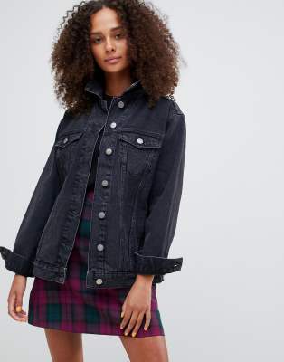 asos design denim girlfriend jacket in washed black