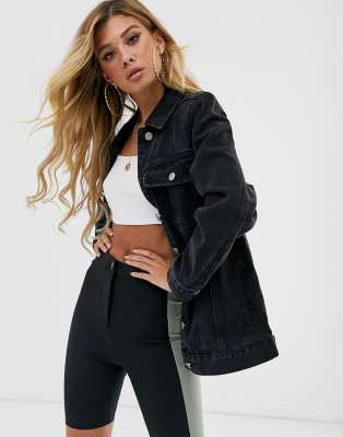 asos design denim girlfriend jacket in washed black