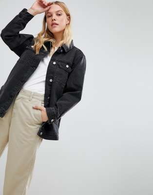 asos design denim girlfriend jacket in washed black