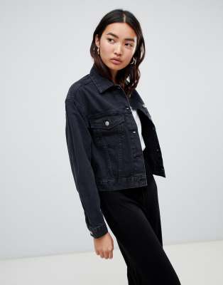 asos design denim girlfriend jacket in washed black