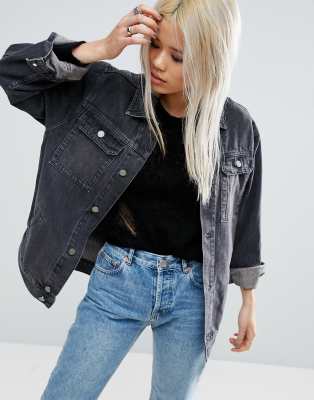 asos design denim girlfriend jacket in washed black