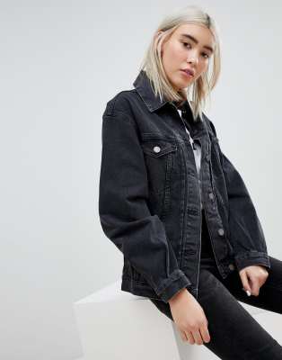 asos design denim girlfriend jacket in washed black