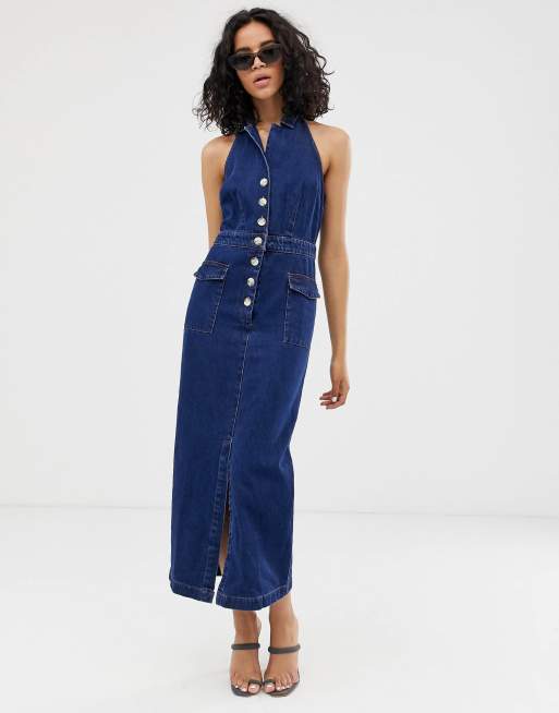 Denim halter 2025 maxi dress