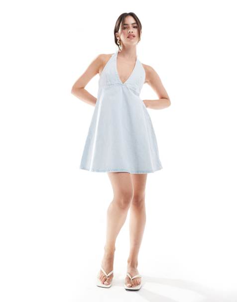 ASOS DESIGN denim halter dress in bleach - view 1